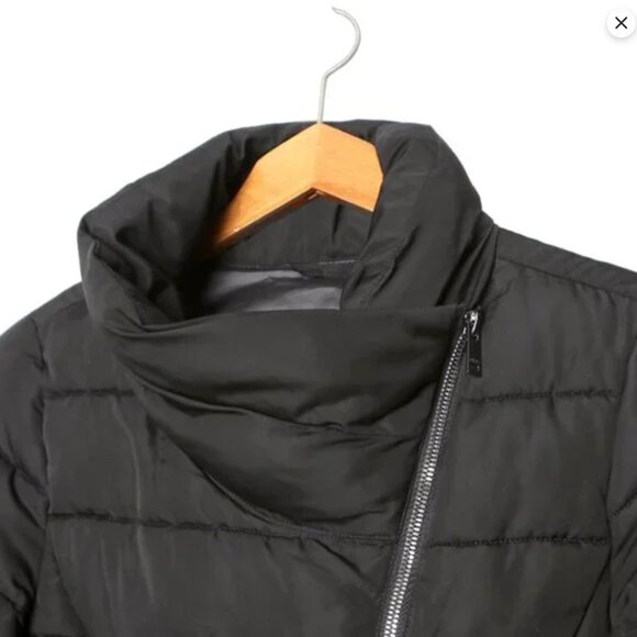 DKNY Asymmetrical Puffer Jacket Packable Winter Coat Hooded Black Pillow Collar - Picture 12 of 16
